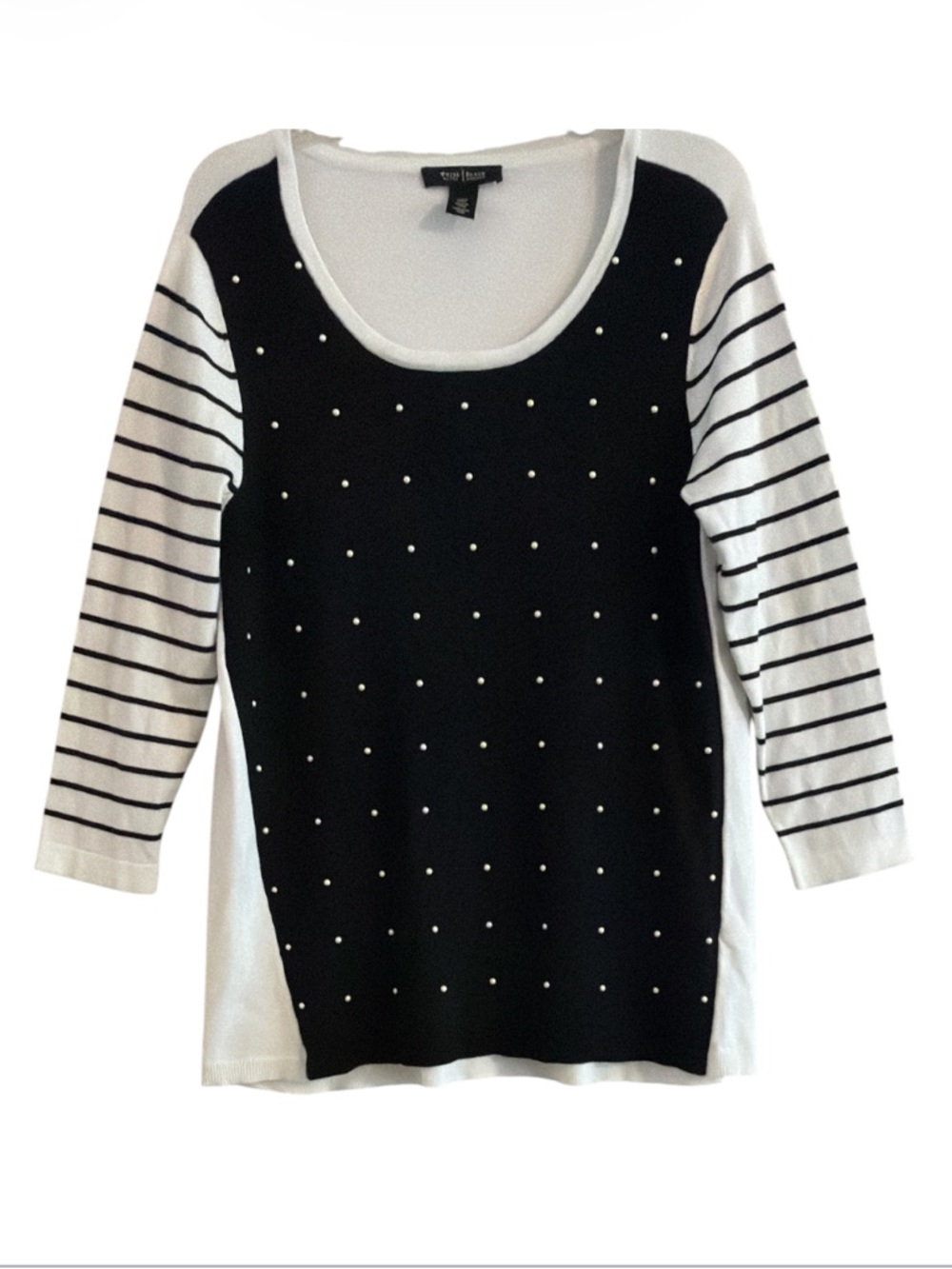 White House Black Market Black White Striped Studded Pearl Panel Sweater L